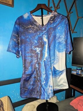 Blue Marble-Print V-Neck Women's Shirt Size Large
